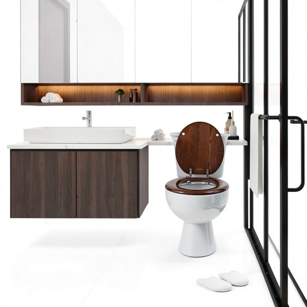 Angel Shield Wood Veneer Toilet Seat Round Dark Walnut Hinged-6